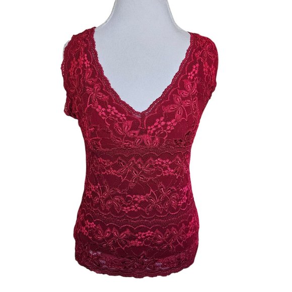 Y2K Womens Dark Red Lace Babydoll Tank Blouse Top Shirt‎ Sz M Lined Stretchy - Picture 1 of 10